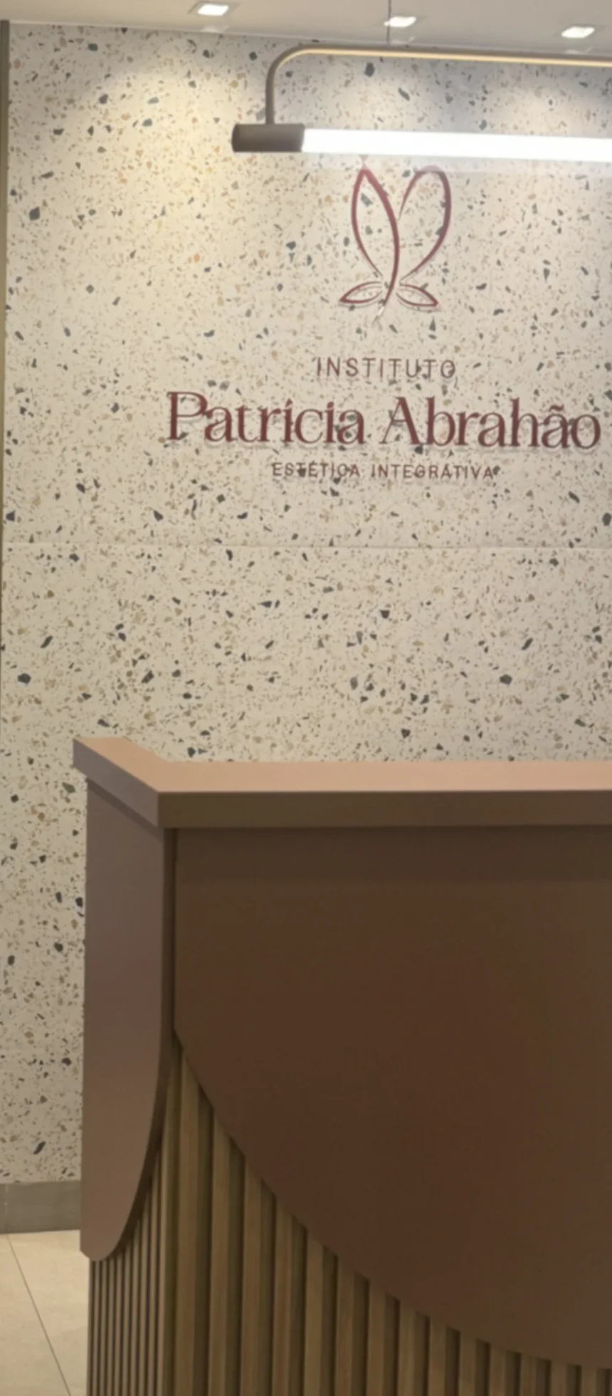 Recepção do Instituto: parede de granilite com a borboleta e o nome Instituto Patrícia Abrahão, e o balcão terracota com ripas de madeira.