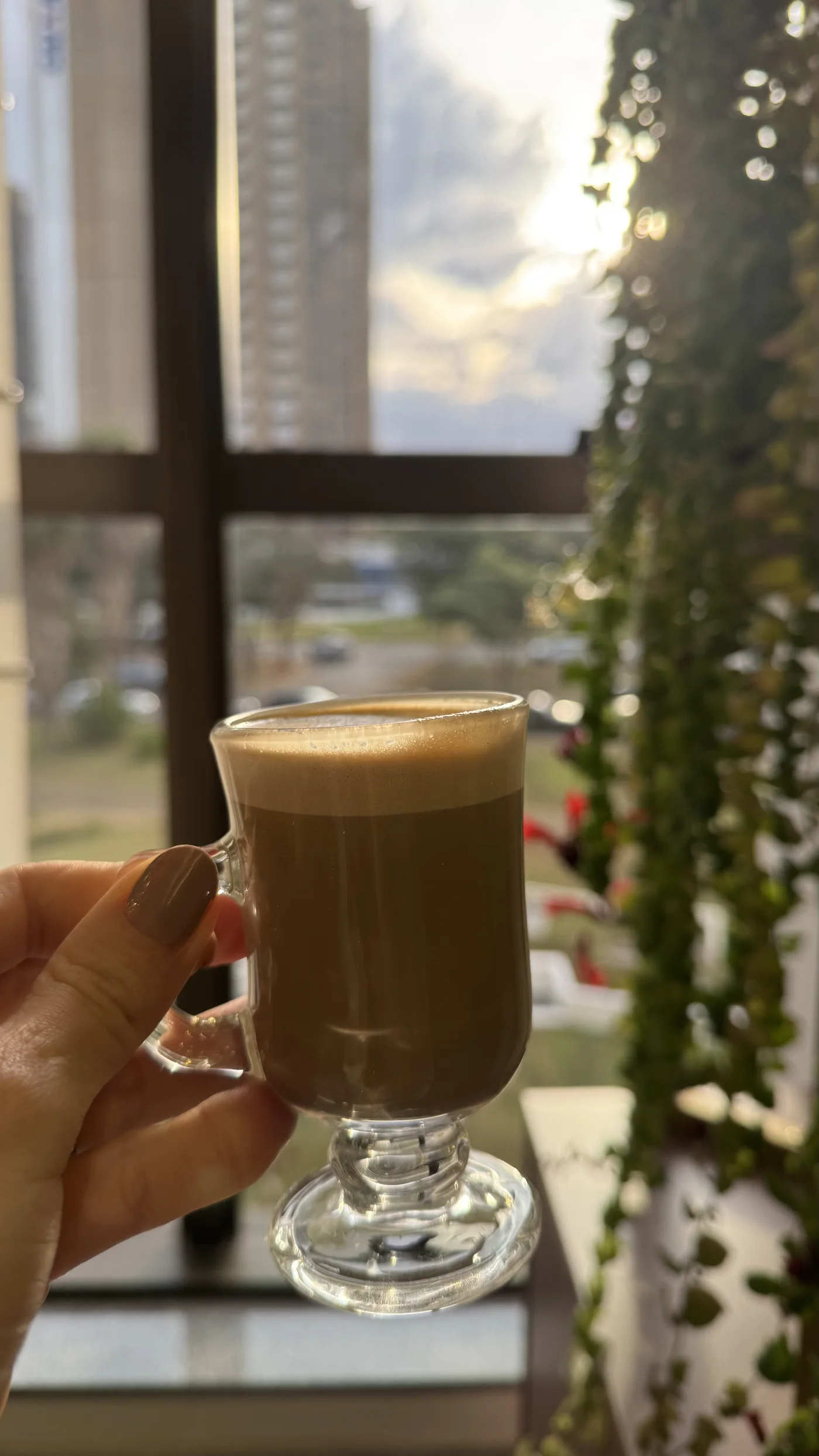Uma mão segura uma xícara de vidro com café diante da janela, com o céu, as árvores e uma planta pendente ao lado.