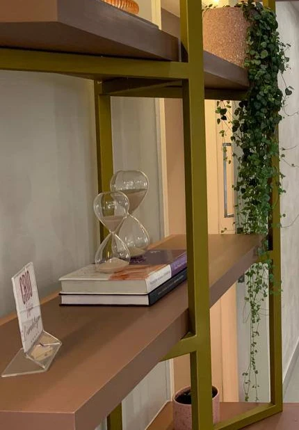 Duas ampulhetas de vidro sobre livros, numa prateleira da estante dourada, ao lado de uma planta pendente.